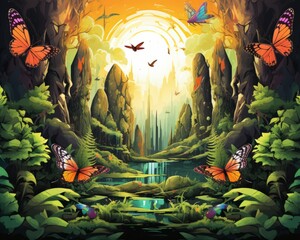 an illustration of a jungle scene with butterflies