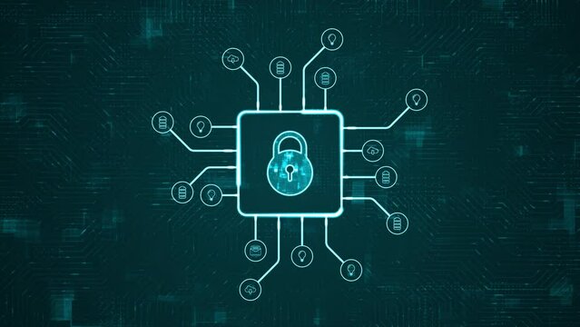 Motion graphic of Blue digital security key logo and futuristic HUD technology circuit board with icon and data transfer on abstract background network firewall technology and data secure concept