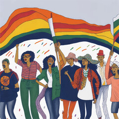 A detailed pencil drawing of Gay pride proudly waving rainbow flags.

