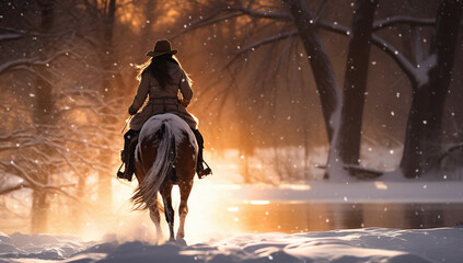 cowboy on horse at snow Generative AI