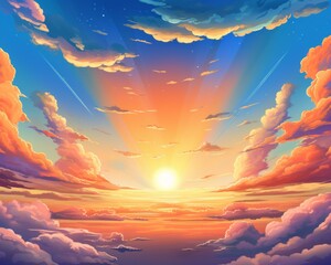 an illustration of a sunset over the ocean with clouds in the background