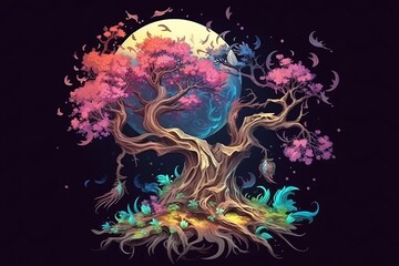 Fototapeta premium an illustration of a tree with a full moon in the background