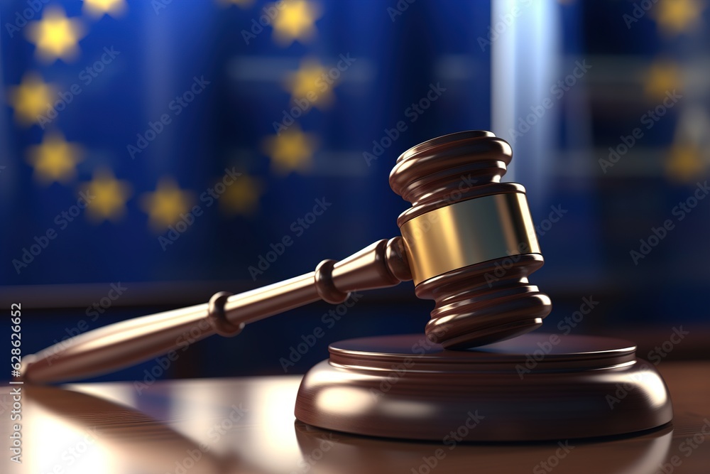 Poster judge's wooden gavel on background of eu flag.