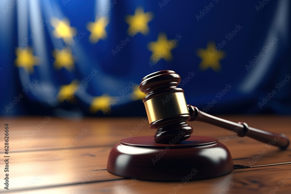 Poster judge's wooden gavel on background of eu flag.