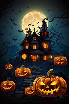 halloween pumpkins under big moon, can be used for background halloween holiday, vector illustration. 
