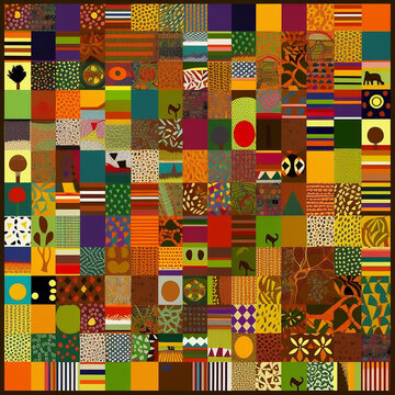 African pattern, bright unusual, in a cubic style with ethnic African themes and colors, for printing and packaging design, creative wallpaper 