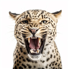 Fototapeta na wymiar Predatory angry scary spotted leopard Panthera pardus growls and bares its fangs, head close-up isolated on white background