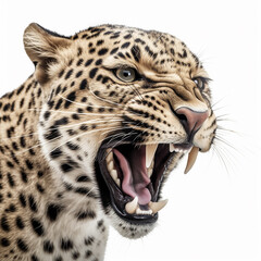 Predatory angry scary spotted leopard Panthera pardus growls and bares its fangs, head close-up isolated on white background - obrazy, fototapety, plakaty