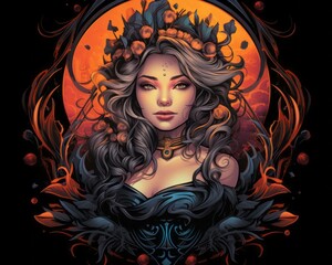 an illustration of a woman with long hair and flowers on her head