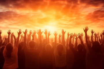 Fototapeta premium Big group of people having fun in success victory and happy pose with raised arms on mountain top against sunset lakes and mountains. Generative AI.