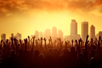 Big group of people having fun in success victory and happy pose with raised arms on mountain top against sunset lakes and mountains. Generative AI.