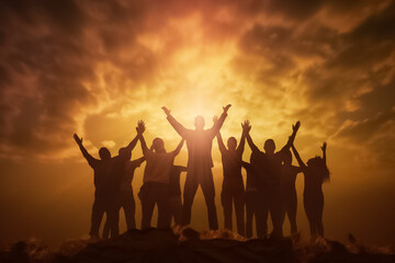 Fototapeta premium Big group of people having fun in success victory and happy pose with raised arms on mountain top against sunset lakes and mountains. Generative AI.