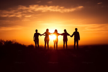 Fototapeta premium Big group of people having fun in success victory and happy pose with raised arms on mountain top against sunset lakes and mountains. Generative AI.