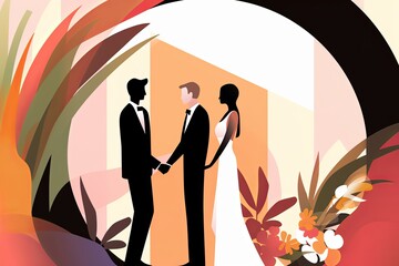 an illustration of two people holding hands in front of flowers