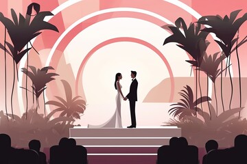 an illustration of two people standing on a stage in front of palm trees - Powered by Adobe