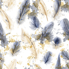 Seamless pattern with feathers. Art design watercolor texture. Vector illustration.