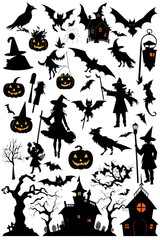 Set of silhouettes of Halloween on a white background. Vector illustration