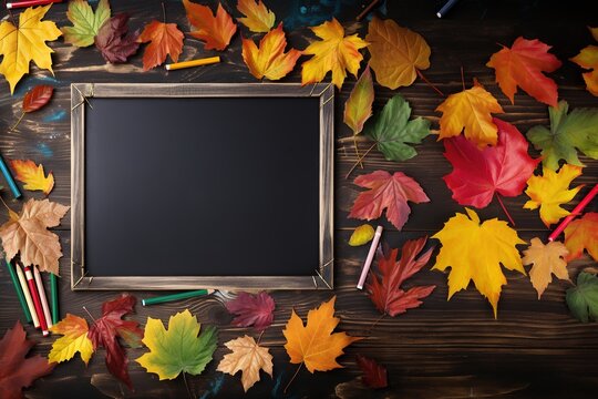 Black school board with space for text and autumn leaves, generated by AI