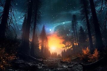 an image of a forest at night with stars in the sky