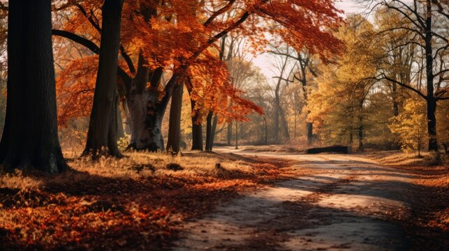 an image of a dirt road in the middle of an autumn forest