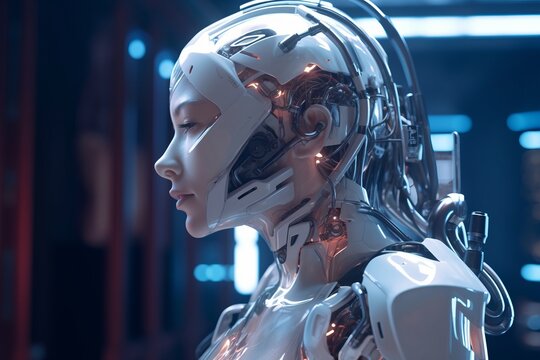 an image of a female robot in a futuristic setting