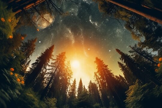 an image of a forest at night with the sun in the sky