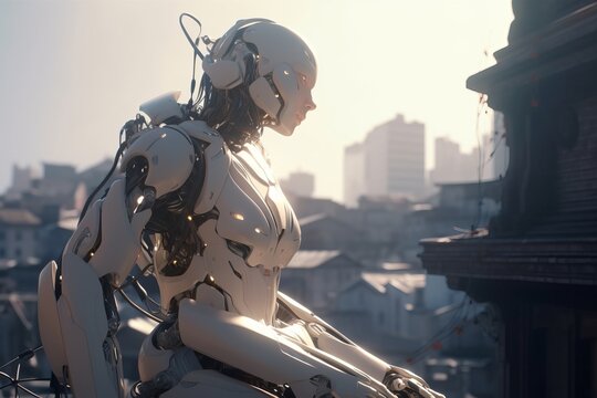 an image of a futuristic robot sitting on a ledge