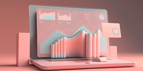 Innovative laptop computer, advanced technology device and high performance. Netbook screen with impressive 3D effect of statistics charts on display