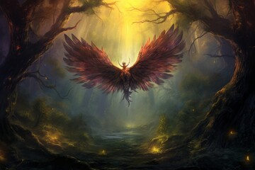an image of a phoenix flying through the forest