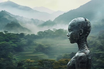 an image of a robot standing in front of a mountain range