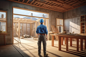 Fototapeta premium carpenter holds wooden planks on construction site