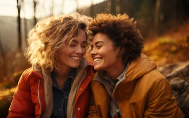 Foto op Canvas Mixed lesbian couple in love, girlfriends hugging and smiling in nature at sunset, autumn season. Romantic scene between two loving women, female gay tenderness. © mozZz