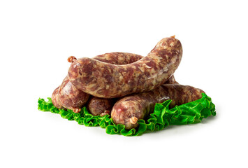 raw kupaty, traditional Georgian sausages, raw sausages, with spices and herbs, Georgian cuisine, on a white background, isolate,