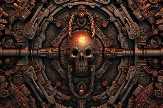an image of a skull with a gun in front of a metal door