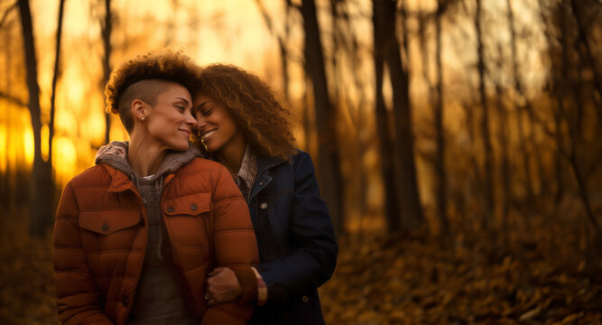 Happy lesbian couple in love, girlfriends hugging and smiling in nature at sunset, autumn season. Romantic scene between two loving women, female gay tenderness.