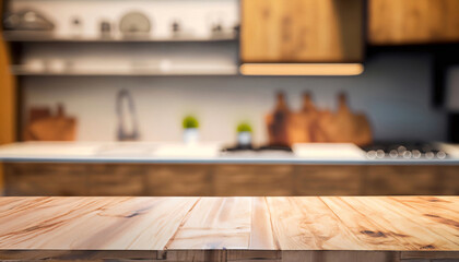 Empty wooden table and blurred background of modern kitchen. for product display
