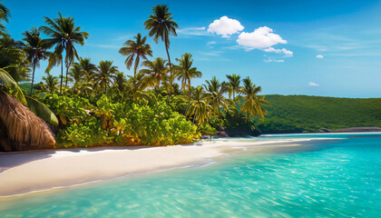 Fototapeta na wymiar Beautiful beach with palm trees at Seychelles - nature background