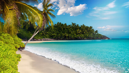 Fototapeta na wymiar Beautiful tropical beach with coconut palm trees at Seychelles