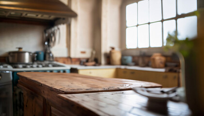 Empty wooden table in a modern kitchen, shallow depth of field.