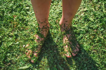 The concept of summer, ecology. unity with nature. bare feet in the grass