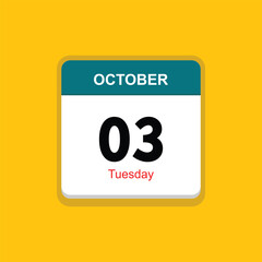tuesday 03 october icon with yellow background, calender icon