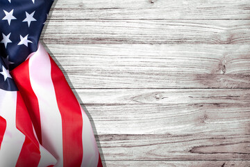 American Flag Over Whitewashed Wood Background For United States Holidays.