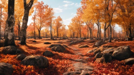 an image of an autumn forest with rocks and trees