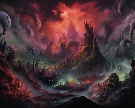 an image of an alien landscape with a red sky in the background