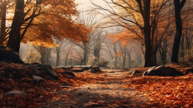 an image of an autumn forest with leaves on the ground