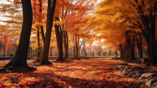 an image of an autumn forest with trees and leaves