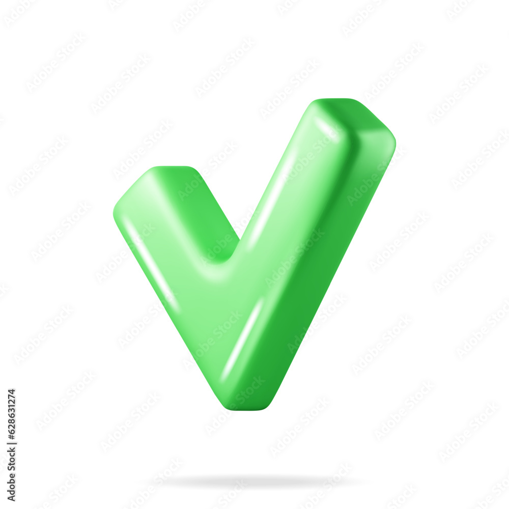 Poster 3d right button shape. green yes or correct sign render. green checkmark tick represents confirmatio