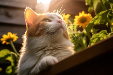 an orange and white cat looking up at the sun