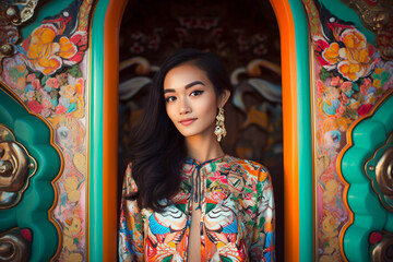 Portrait of asian woman wearing typical clothes standing over colourful decorated temple door. Generative AI.