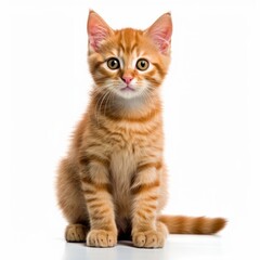 an orange tabby kitten sitting in front of a white background